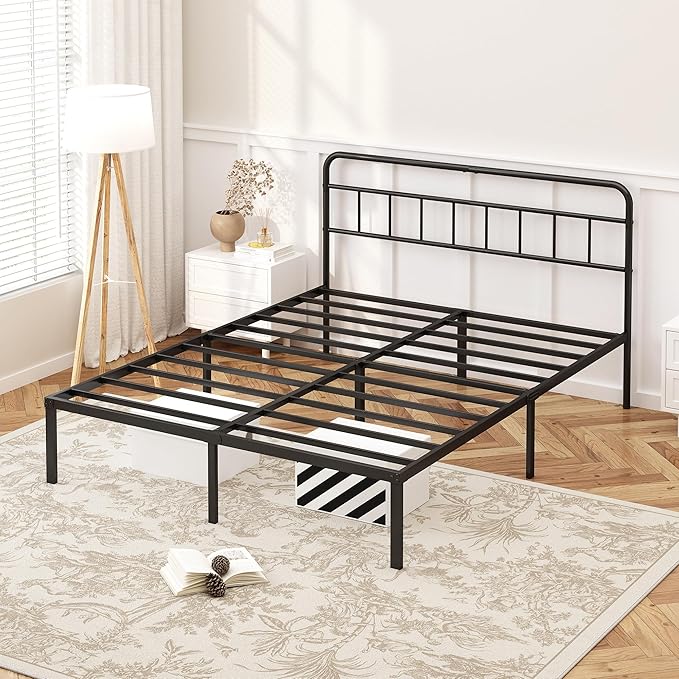Kujielan 12 inches King Size Bed Frame with Minimalist headboard,Metal Platform Base with Strong Metal Slats,Mattress Foundation for Under Bed Storage,Easy Assembly,Black