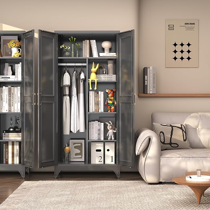 SteeLoong Metal Wardrobe Closet,71" H Wardrobe Cabinet with 2 Doors,Black Clothing Storage Cabinets with Hanging Rod and 3 Adjustable Shelves,Armoire Wardrobe Closet for Home Office,School,Gym