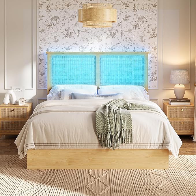 Garvee Full Size Rattan Bed Frame with 4 Drawers, Bohemian Full Rattan Bed Frame with Natural Headboard, Platform Full Size Bed with Wooden Legs, LED Lights, No Box Spring Needed