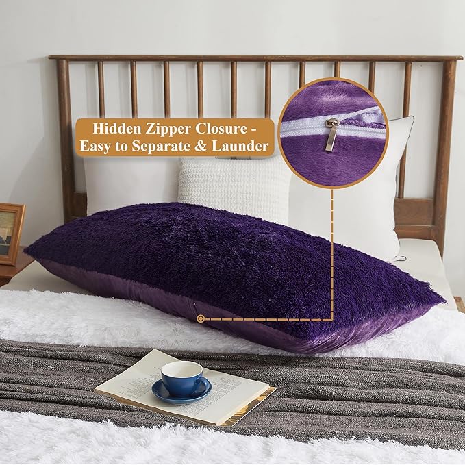 XeGe Soft Plush Body Pillow Cover, 20x54 Big Fluffy Body Pillowcase, Boho Faux Fur Fuzzy Long Decorative Pillow Sham for Bedroom Sofa Couch, Solid Shaggy Bed Pillow Case Purple