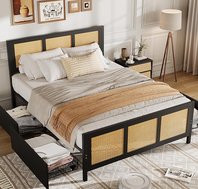GarveeHome Black Rattan Bed Frame with Headboard, Boho Cane Platform King Size Bed Frame with 4 Drawers, Strong Metal Slats Support, Noise Free, No Box Spring Needed