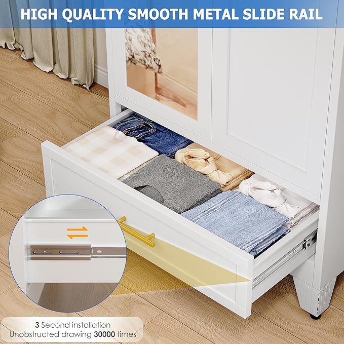 GAIOUS Steel Armoire Wardrobe Closet with Mirror Doors, 71" Household Wardrobe Cabinet with Hanging Rod and Drawer, Metal Clothing Storage Cabinet with Adjustable Shelf for Bedroom, Cloak, Gym(White)