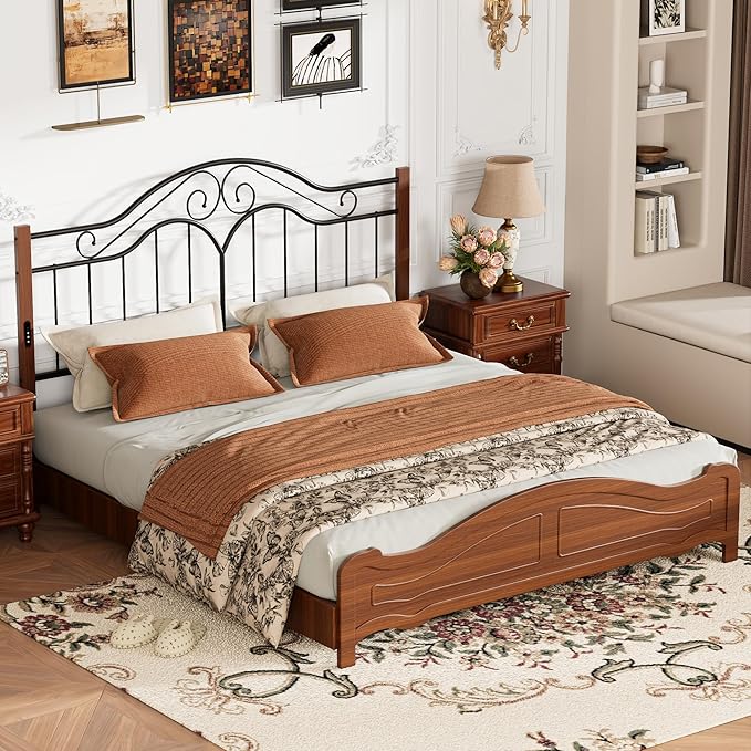 Elephance Headboard for King Size Bed Frame with Charging Station,USB and Type C Ports, Adjustable Height,Vintage Platform Bed King Only, Easy Assembly,Black