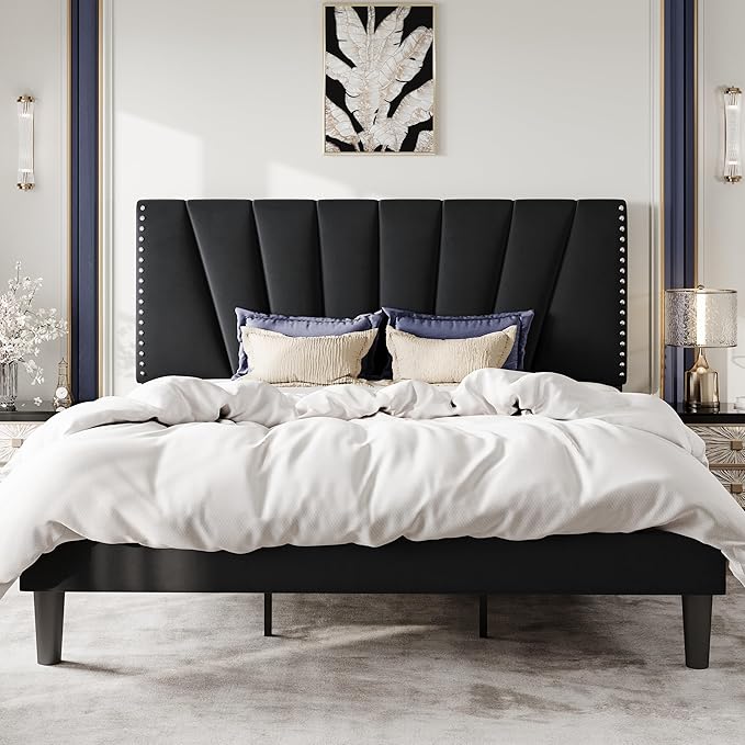 SHA CERLIN King Size Bed Frame with Adjustable Upholstered Velvet Rivets Headboard, Sturdy Wooden Slats, Strong Platform Support for Mattress, No Box Spring Needed, Easy Assembly, Black