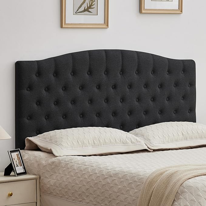 Tufted Upholstered Tall Headboard Queen Size, Sturdy and Durable Solid Wood Bed headboards, Comfortable Linen Fabric Queen Headboard Only, Modern Luxury Button Diamond Design Head Board, Black