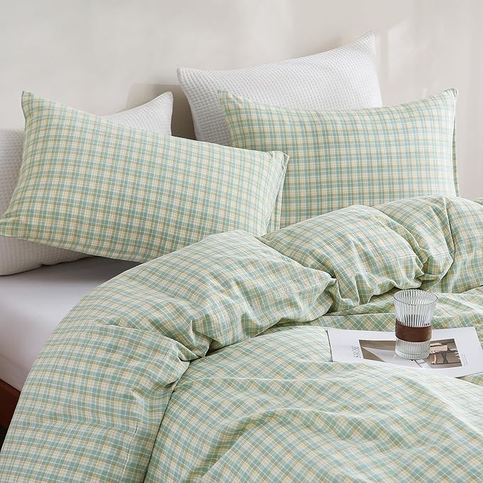 TOCOMOA Plaid Duvet Cover Set 100% Washed Cotton Like Linen Feel Super Soft Comfy 3 Piece Green and Yellow Gingham Checkered Bedding Comforter Cover Set (Queen 90"x90", Comforter Not Included)