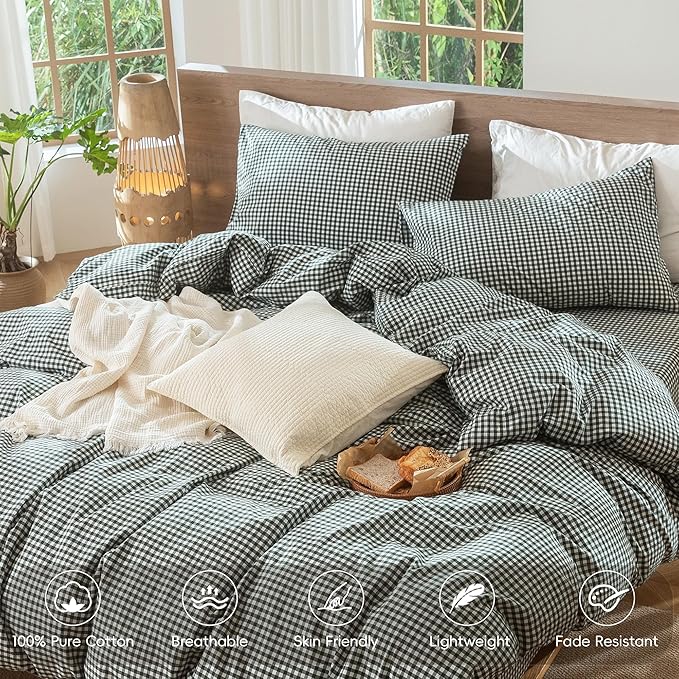 MooMee Gingham Duvet Cover Set 100% Washed Cotton Linen Like Textured Breathable Durable Soft Comfy Modern Checkered Design (Mini Gingham Forest Green, Oversized Full 82"x86")