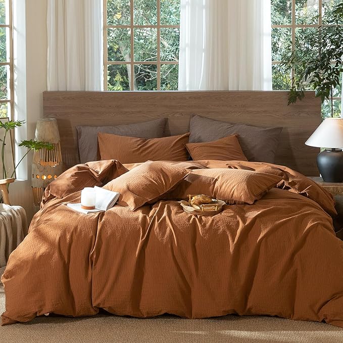 MooMee Wavy Striped Duvet Cover Set 100% Washed Cotton Linen Like Textured Breathable Durable Soft Comfy (Dark Orange, Twin 68"x90")