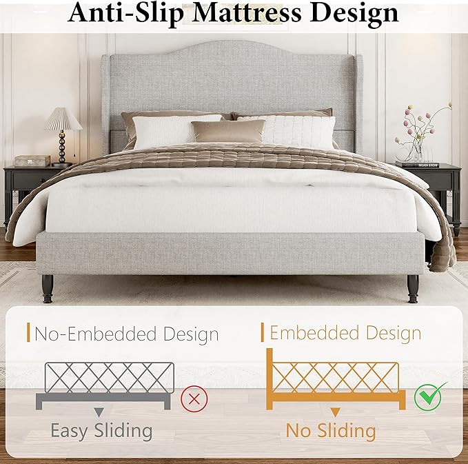 Queen Bed Frame with Headboard, Upholstered Platform Bed with Tall Wingback Headboard, Sturdy Wood Slats Support, Easy Assembly No Box Spring Needed, Modern Style Bed for Bedroom, Beige