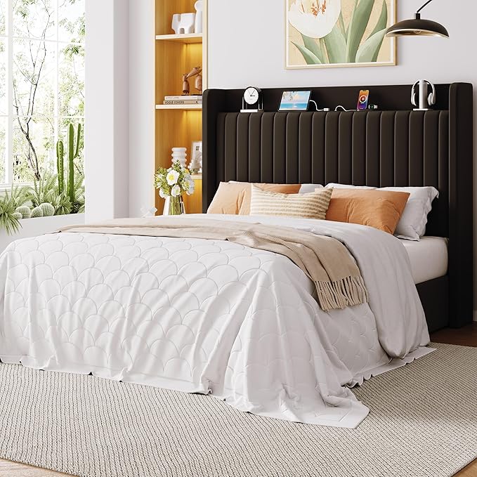 Allewie Full Size Lift Up Storage Bed Frame,Storage Shelf Headboard with Charging Station,Type-C and USB Ports,Hydraulic Support,Velvet Upholstered Bed Frame,No Box Spring Needed,Black