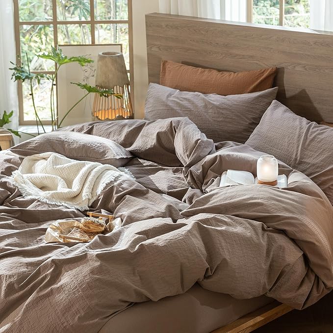 MooMee Wavy Striped Duvet Cover Set 100% Washed Cotton Linen Like Textured Breathable Durable Soft Comfy (Brown, Queen 90"x90")