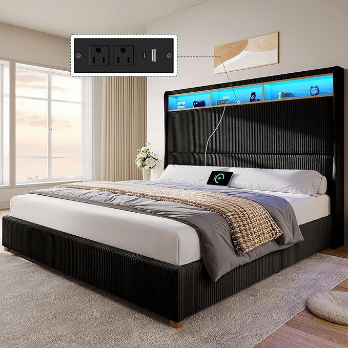 YITAHOME King Size Corduroy Upholstered Platform Bed Frame with Charging Station and RGB LED Lights, 53’’ Tall Storage Wingback Headboard, No Box Spring Needed, Easy Assembly, Noise-Free, Black