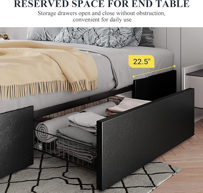 Allewie Queen Size Platform Bed Frame with 3 Storage Drawers, Faux Leather Upholstered, Wooden Slats Support, No Box Spring Needed, Easy Assembly, Black