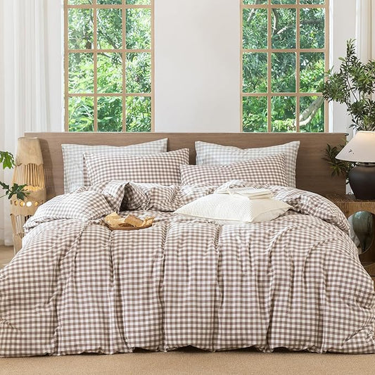 MooMee Gingham Duvet Cover Set 100% Washed Cotton Linen Like Textured Breathable Durable Soft Comfy Modern Checkered Design (Brown Gingham, Super King 108"x98")