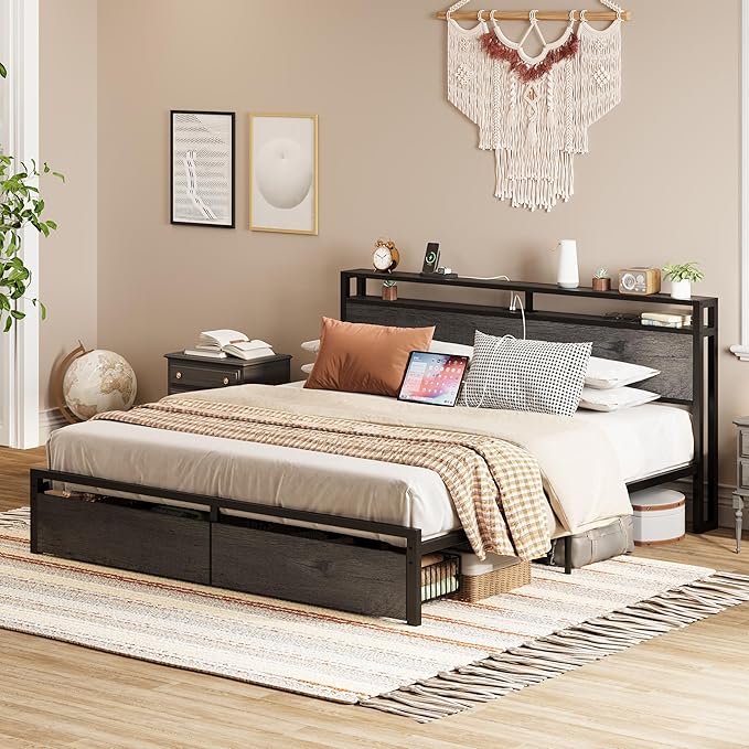 LIKIMIO King Bed Frame with Storage Headboard, Platform Bed with Drawers and Charging Station, No Box Spring Needed, Easy Assembly, Charcoal Grey