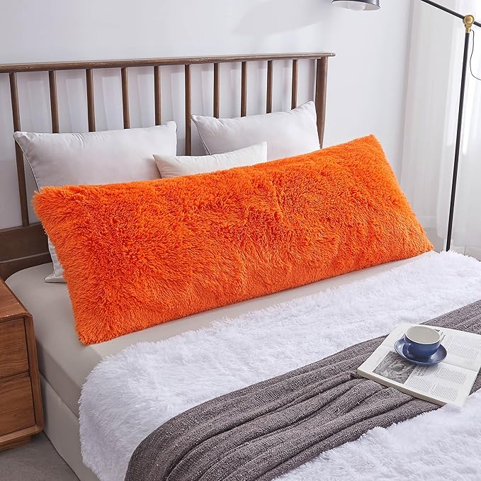 XeGe Shaggy Faux Fur Body Pillow Cover, Fluffy Long Bed Pillow Case with Zipper Closure, Soft Decorative Plush Furry Body Pillowcase, Fuzzy Hug Pillow for Kids Children Girls Women 20"x54", Orange