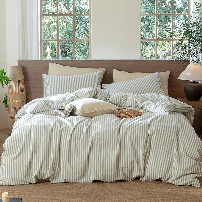 MooMee Striped Duvet Cover Set 100% Washed Cotton Linen Like Textured Breathable Durable Soft Comfy (Sage Green White Classic Stripes, Palatial King/Oversized King 120"x98")