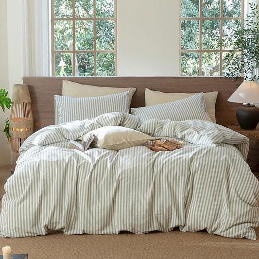 MooMee Striped Duvet Cover Set 100% Washed Cotton Linen Like Textured Breathable Durable Soft Comfy (Sage Green White Classic Stripes, Alaska King 132"x120")