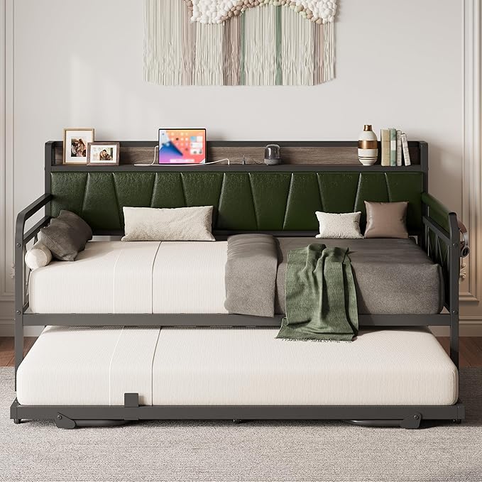 LIKIMIO Twin XL Daybed, Day Bed with Trundle, Storage Upholstered Headboard and Charging Station, Trundle Bed with Strong Supports for Living Room, Bedroom, and Guest Room, Green