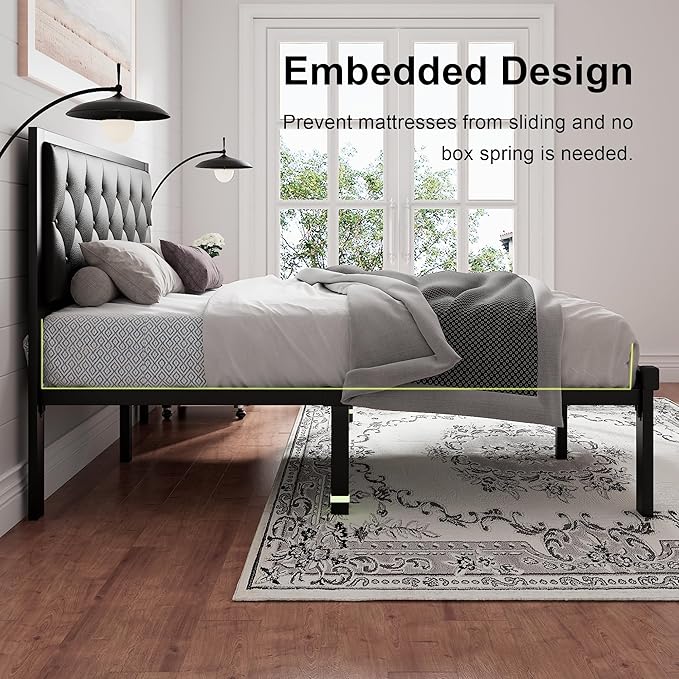 Feonase Queen Size Metal Bed Frame with Faux Leather Button Tufted Headboard, Heavy-Duty Platform Bed Frame with 12" Storage, Steel Slats Support, No Box Spring Needed, Noise Free, Matte Black