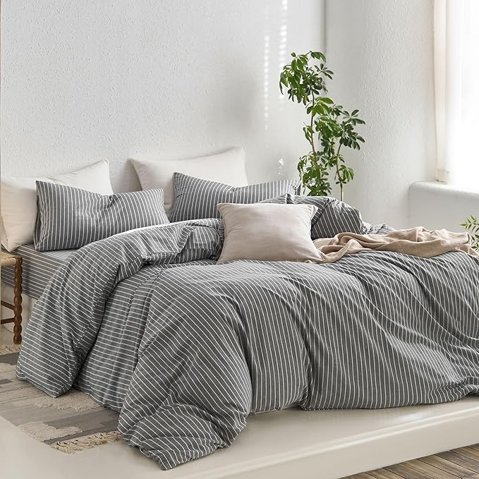 MooMee Striped Duvet Cover Set 100% Washed Cotton Linen Like Textured Breathable Durable Soft Comfy (Dark Grey White Wide Stripes, Cal King 104"x98")