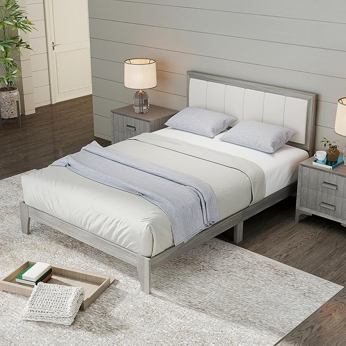 HOMCOM Full Size Bed Frame with Upholstered Headboard, Platform Bed Frame with Wooden Slats, No Box Spring Needed, Easy Assembly, Gray