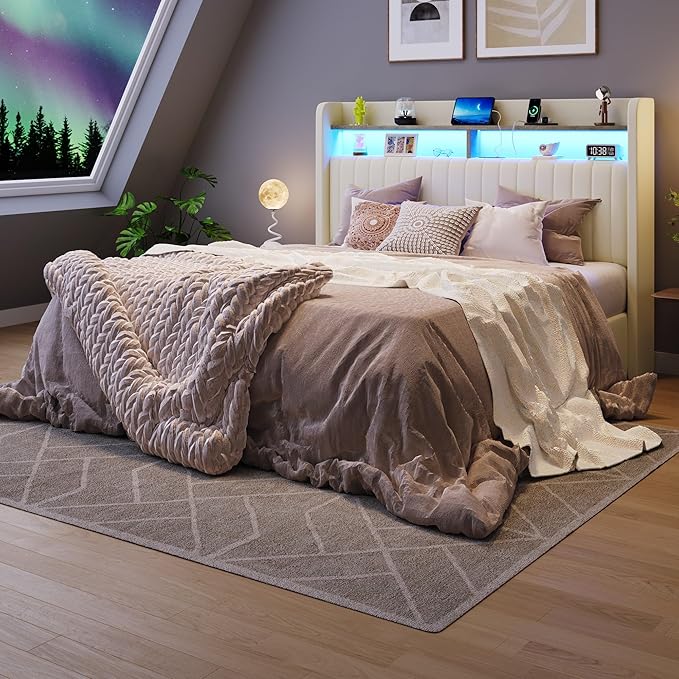 SHA CERLIN Full Size Lift Up Storage Bed Frame/LED Lights/Charging Station/2-Tier Shelves Headboard/USB,Type-C Ports/Velvet Upholstered/Hydraulic Support/No Box Spring Needed/Noise Free/Cream