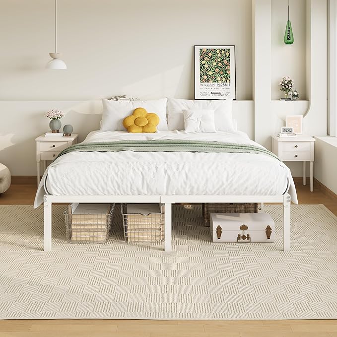 Allewie Queen Bed Frame, 14 inch Metal Platform Beds with Storage Space, No Box Spring Needed and Easy Assembly, White