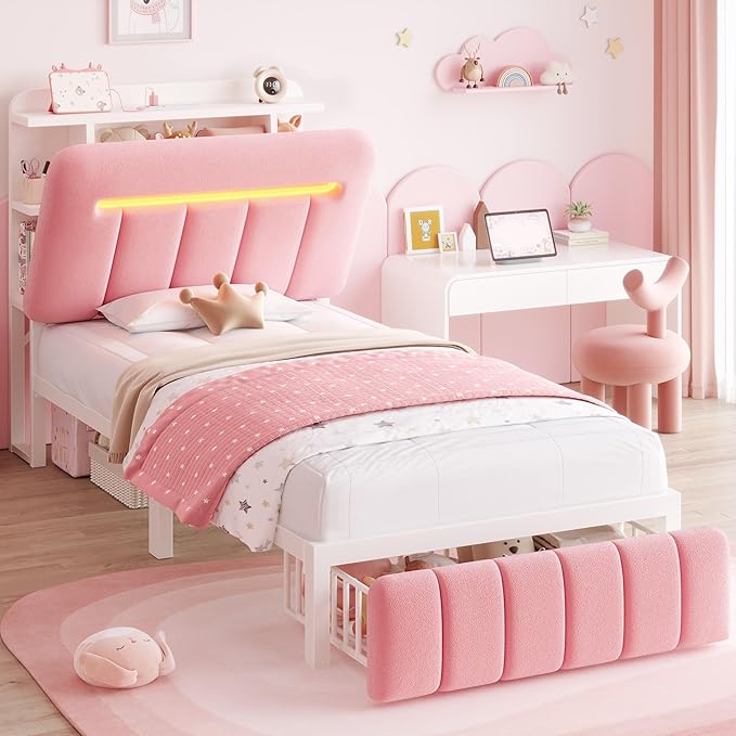Twin Bed Frames with Storage Headboard for Kids/Girls, Upholstered Black Bed Frame Twin Size with Storage Drawers and Charging Station,Velvet Platform Metal Bed, Noise-Free, No Box Spring Needed
