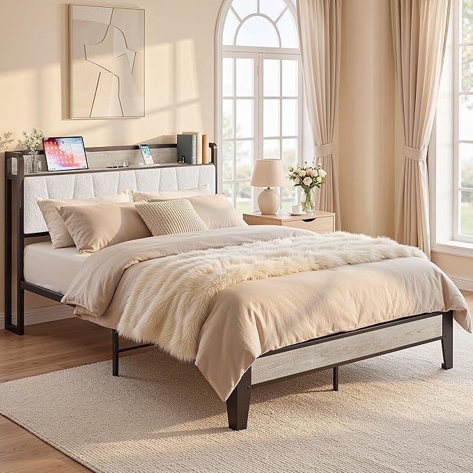 LIKIMIO Queen Bed Frames, Bouclé Storage Headboard with Charging Station, Solid and Stable, Noise Free, No Box Spring Needed, Easy Assembly
