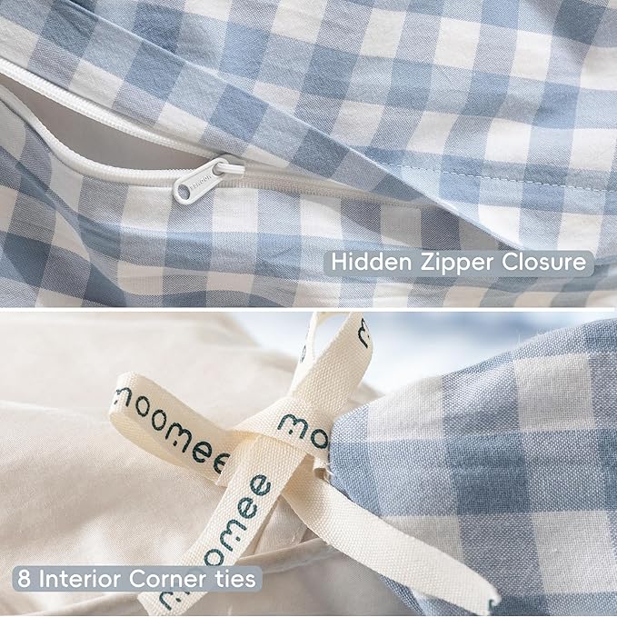 MooMee Gingham Duvet Cover Set 100% Washed Cotton Linen Like Textured Breathable Durable Soft Comfy Modern Checkered Design (Classic Gingham Cornflower Blue, Queen 90"x90")