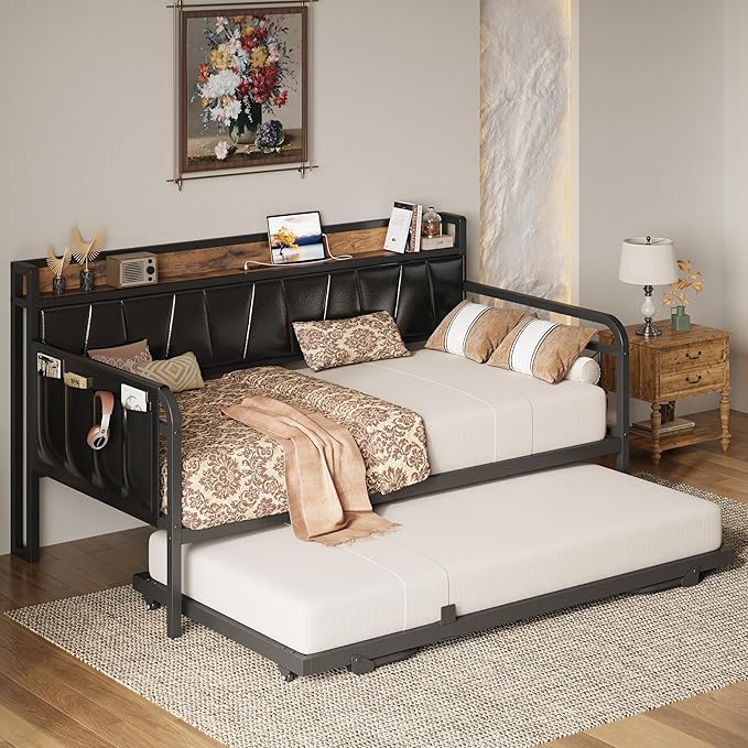 LIKIMIO Twin XL Daybed, Day Bed with Trundle, Storage Upholstered Headboard and Charging Station, Trundle Bed with Strong Supports for Living Room, Bedroom, and Guest Room, Black
