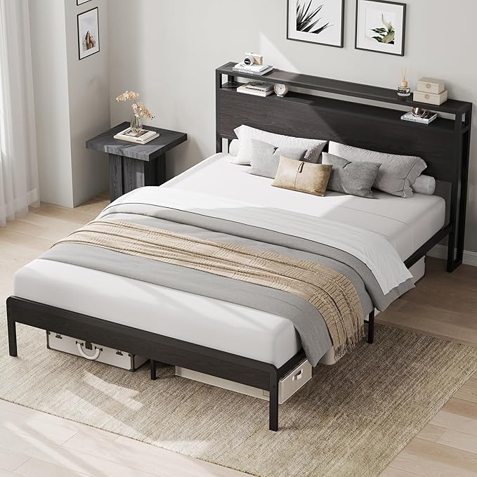 LIKIMIO Full Bed Frame with Headboard, Dark Wood Camas Full with Strong Supports, Sturdy, Noise-Free, No Box Spring Needed, Classic Black