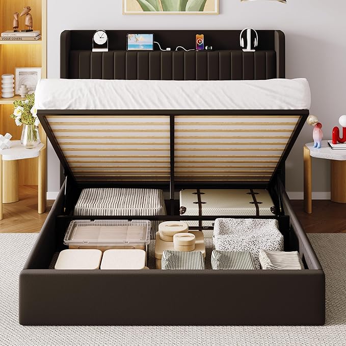 Allewie Full Size Lift Up Storage Bed Frame,Storage Shelf Headboard with Charging Station,Type-C and USB Ports,Hydraulic Support,Velvet Upholstered Bed Frame,No Box Spring Needed,Black