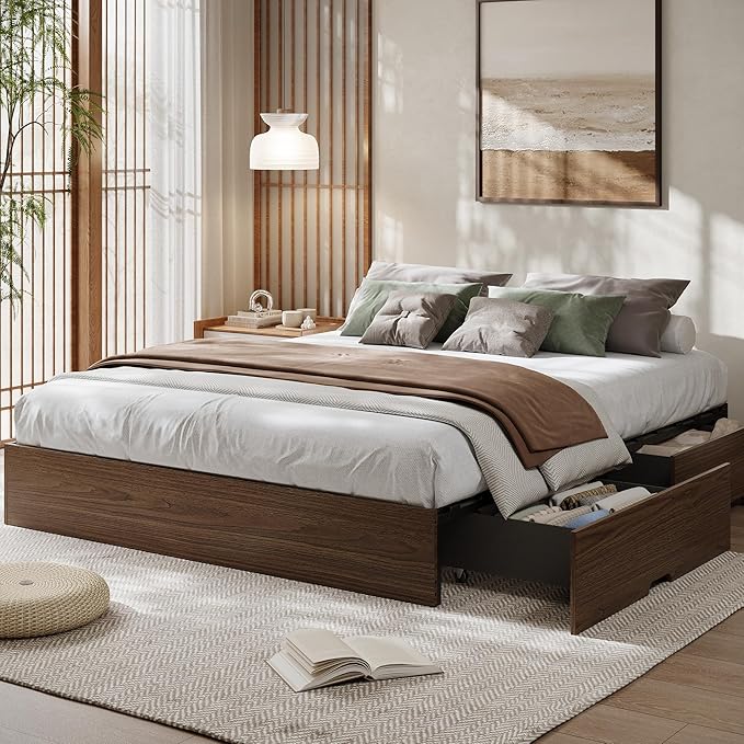 GarveeHome Queen Size Wood Platform Bed Frame with 2 Storage Drawers, Wooden Bed Frame Without Headboard, Wood Slat Support, No Box Spring Needed, Easy Assembly