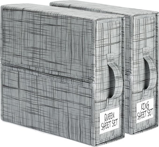 SUOCO SheetCube Bed Sheet Organizers and Storage 2 Pack, Foldable Linen Closet Organizer, Bedding Folder Storage Box Container for Blanket, Duvet Cover Set, Bed Sheet Set - Pattern Grey