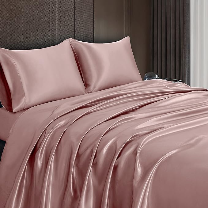Homiest 4pcs Satin Sheets Set Luxury Silky Satin Bedding Set with Deep Pocket, 1 Fitted Sheet + 1 Flat Sheet + 2 Pillowcases (Full Size, Rose Gold)