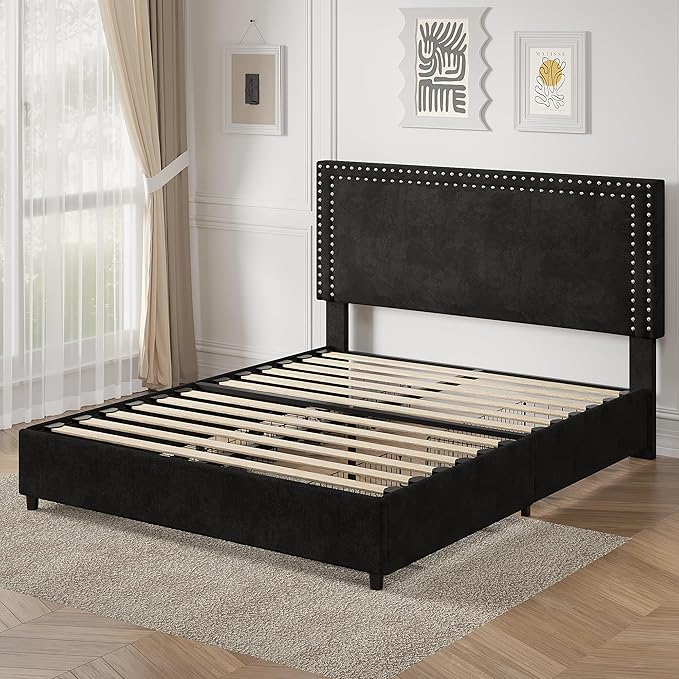 VECELO Queen Size Upholstered Bed Frame with 4 Storage Drawers, Adjustable Velvet Rivet Decor Headboard, Wooden Slats Platform Support, No Box Spring Needed, Easy Assembly,Black