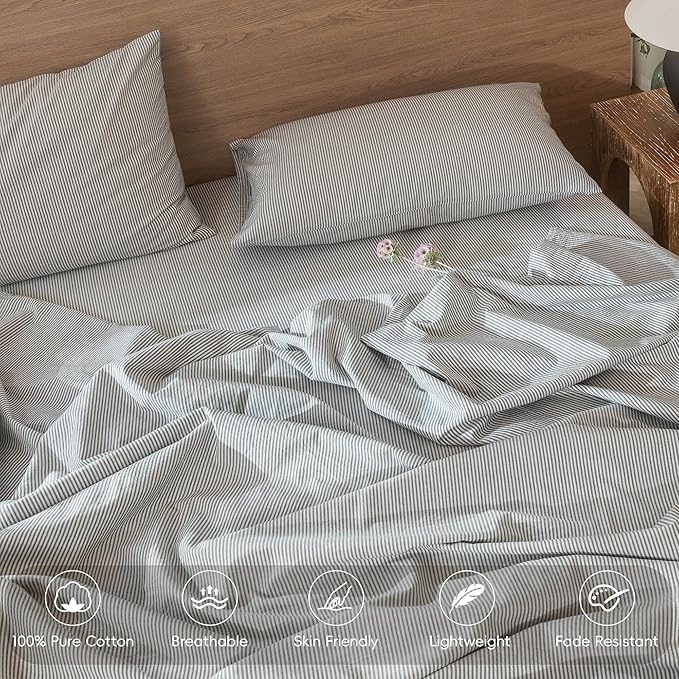 MooMee Striped Duvet Cover Set 100% Washed Cotton Linen Like Textured Breathable Durable Soft Comfy (Dark Grey White Pinstripes, Queen 90"x90")