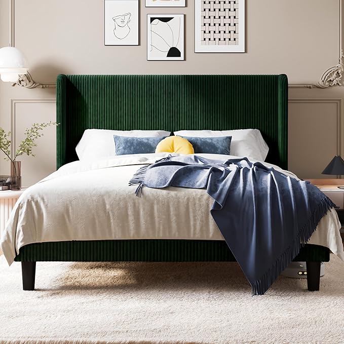 Allewie Full Size Bed Frame with Upholstered Wingback Headboard, Vertical Channel Tufted Corduroy Velvet Platform Bed, Strong Wooden Slats Support, No Box Spring Needed, Easy Assembly, Dark Green