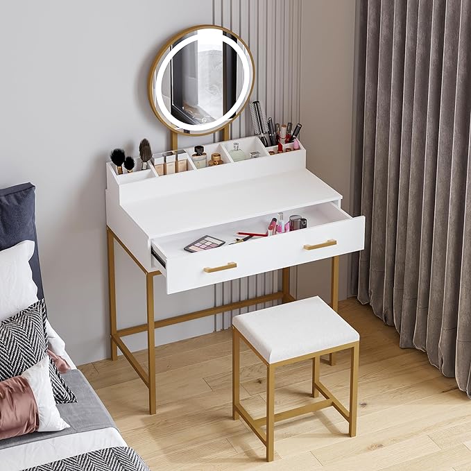 UTEX Makeup Vanity Desk with Mirror and Lights, Makeup Vanity Set with Drawers, Small Dressing Up Table, 3 Lighting Modes Dresser Desk and Cushioned Stool Set for Bedroom White and Gold