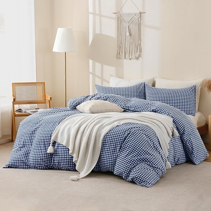 TOCOMOA Navy Blue Gingham Duvet Cover Bedding Set 100% Washed Cotton Like Linen Feel Super Soft Comfy 3 Piece Dark Blue Plaid Checkered Comforter Cover Set (King 104"x90", Comforter Not Included)