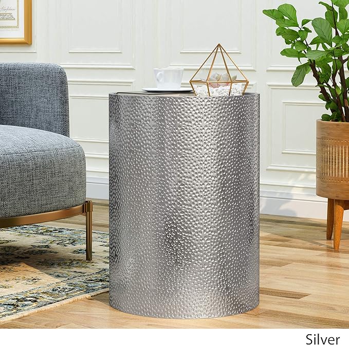 Christopher Knight Home Rache Modern Round Accent Table with Hammered Iron, Silver, 16 in x 16 in x 22.25 in