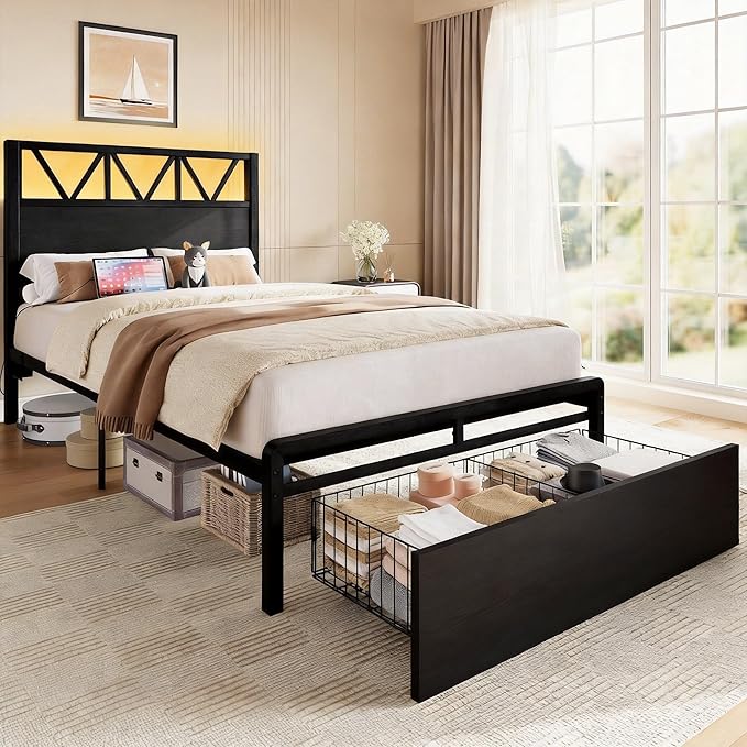 LIKIMIO Twin Bed Frames with Storage Drawer, Charging Station and LED Lights, Twin Bed Frame with 43" Headboard, No Box Spring Needed, Easy Assembly for Teen Room, Small Apartment, Bedroom, Black
