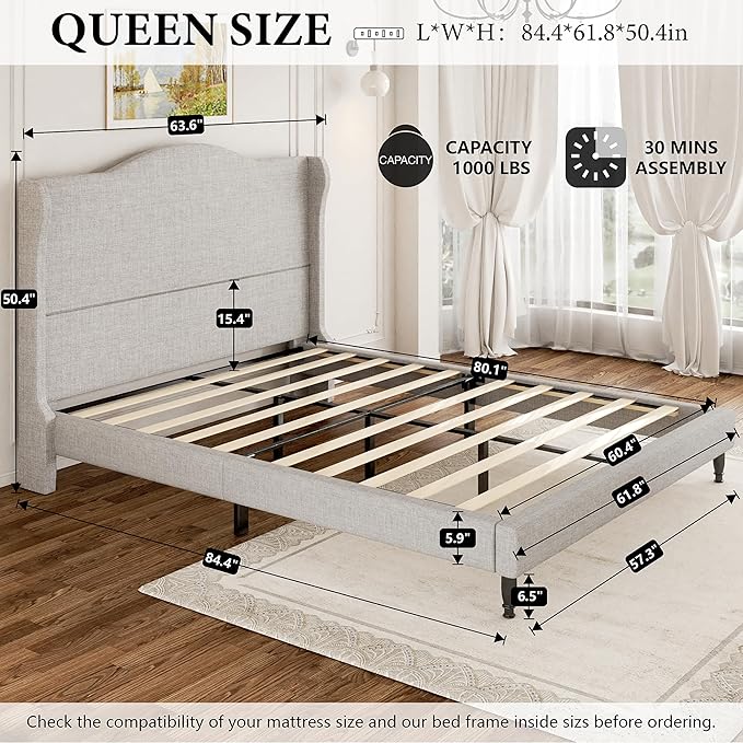 Queen Bed Frame with Headboard, Upholstered Platform Bed with Tall Wingback Headboard, Sturdy Wood Slats Support, Easy Assembly No Box Spring Needed, Modern Style Bed for Bedroom, Beige
