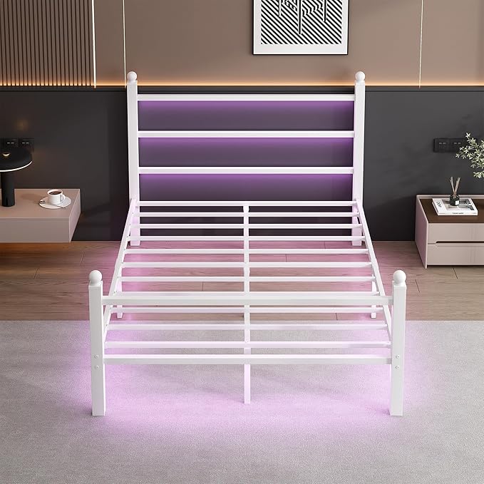 CLIBFENG Queen Size Bed Frame with Headboard and Footboard,Steel Slats Support-LED Bed Frame with USB Charging Station,Mattress Foundation-Under Bed Storage,No Box Spring Needed,Noise Free,White
