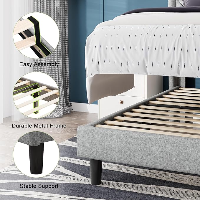 Feonase Twin Size Bed Frame with Charging Station, Upholstered Linen Bedframe with Wingback Headboard, Solid Wood Slats Support, No Box Spring Needed, Noise Free, Beige