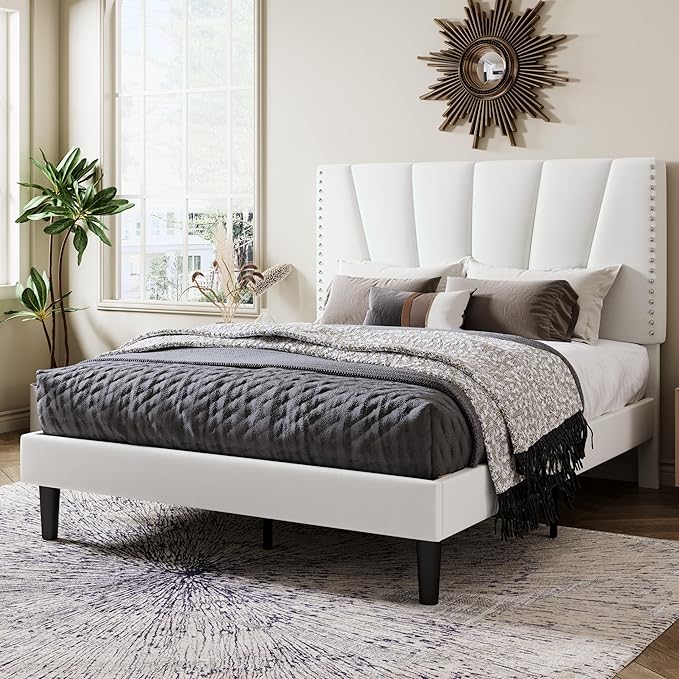 Allewie Full Size Bed Frame with Adjustable Velvet Upholstered Headboard, Rivet-Style Nailhead Trim Detail Platform Bed Frame, Wooden Slat Support, No Box Spring Needed, Easy Assembly, White