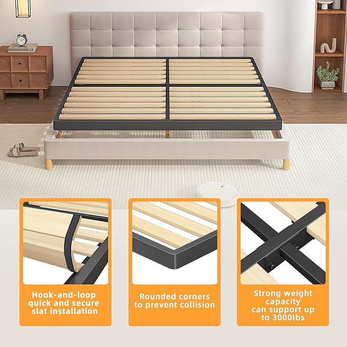 VIPSHOW 2 Inch Wood Slat Queen Box Spring with Round Corners - 3000 lbs Capacity, Low Profile Bed Slat Replacement Bunkie Board with Metal Frame, Noise-Free, Easy Assemble, Black