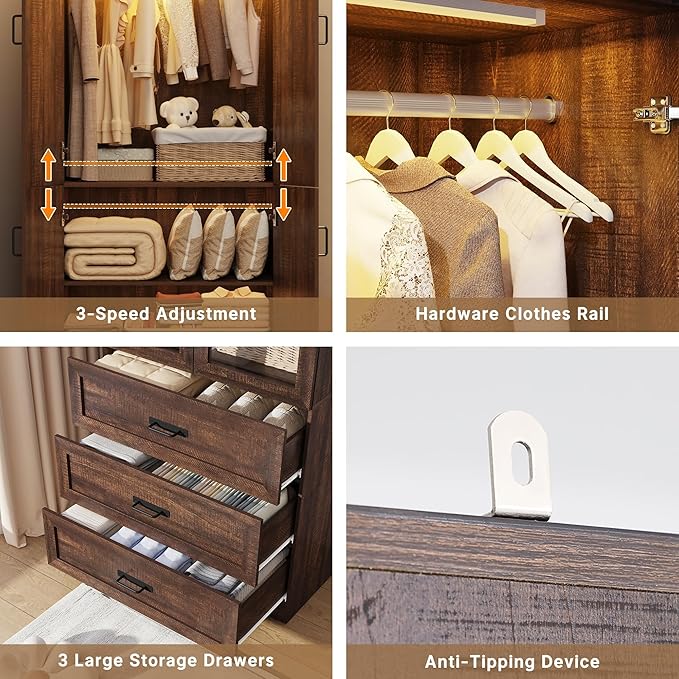 Hlivelood 75" Tall Farmhouse 8 Doors Armoire Wardrobe Closet with 6 Drawers and LED,Freestanding Closet Wardrobe Cabinet for Bedroom with Hanging Rod,Wooden Armoire Storage Cabinet(Brown 8 Doors)